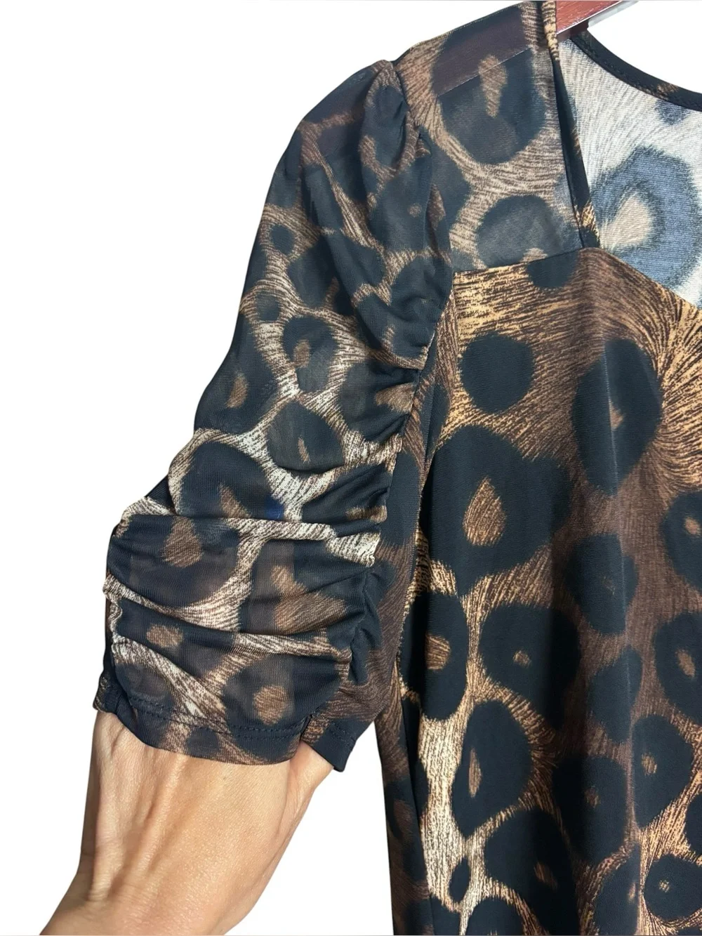 Adele & May Leopard Cheetah Print Sheer Short Sleeve Blouse Top Sheer Bow Small